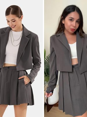 Women's Business Casual Blazer Suit Sets and Pleated Mini Skirt 2 Piece Outfits Trendy Long Sleeve Y2K Clothes 2025