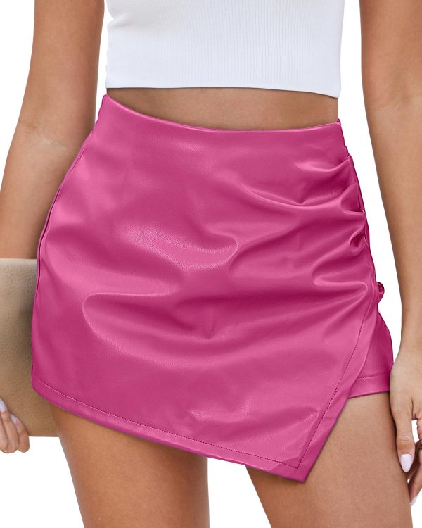 Faux Leather Skorts for Woman High Waisted Pull On Shorts Elastic Waist Ruched Wrap Asymmetrical Skorts Skirts