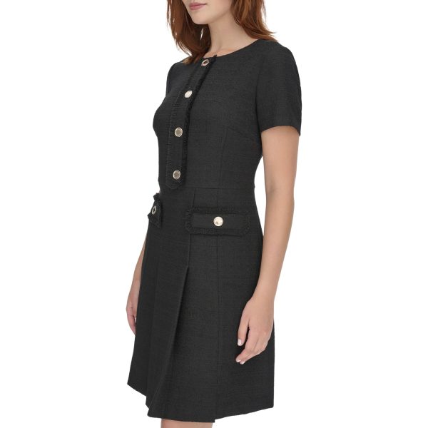 Women's Soft Hand Boucle Short Sleeve Button Front A-line Dress