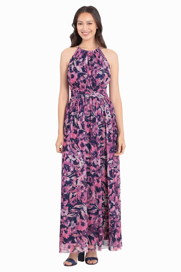 Women's Mesh Halter Maxi with Ruched Waistband Event Guest of Occasion Garden Party