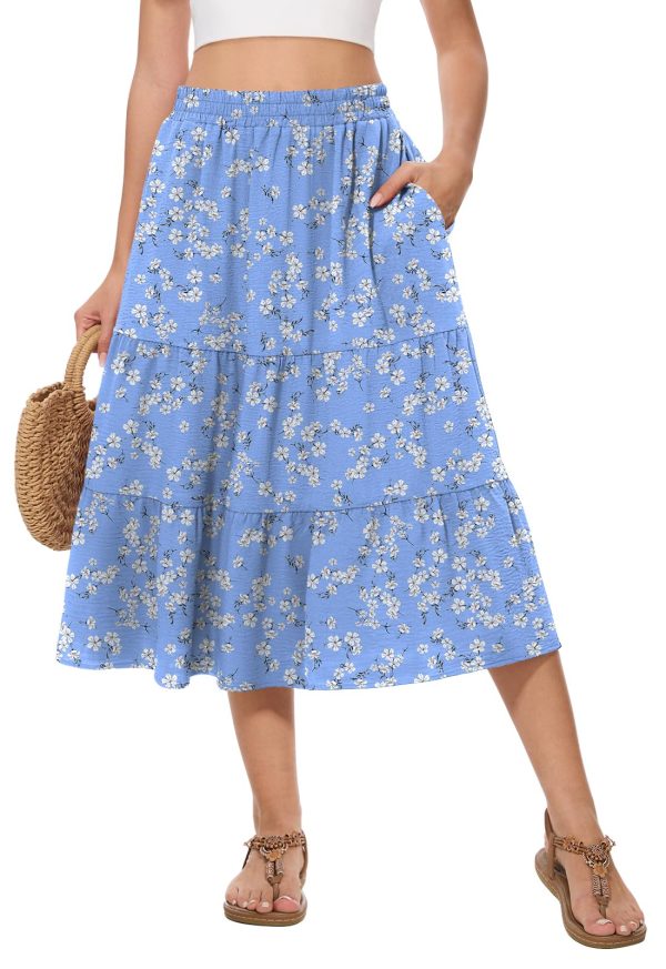 Women's Summer Midi Skirt Tiered Flowy High Waist A-Line Elastic Ruffle Casual Skirts with Pockets