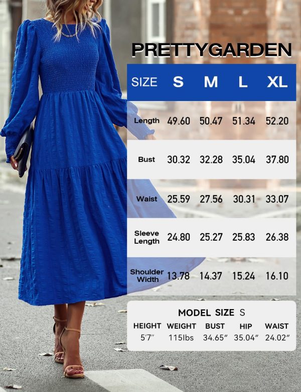 Women 2025 Spring Puff Long Sleeve Crewneck Smocked Maxi Dress Empire Waist Tiered A-line Swing Flowy Long Dress