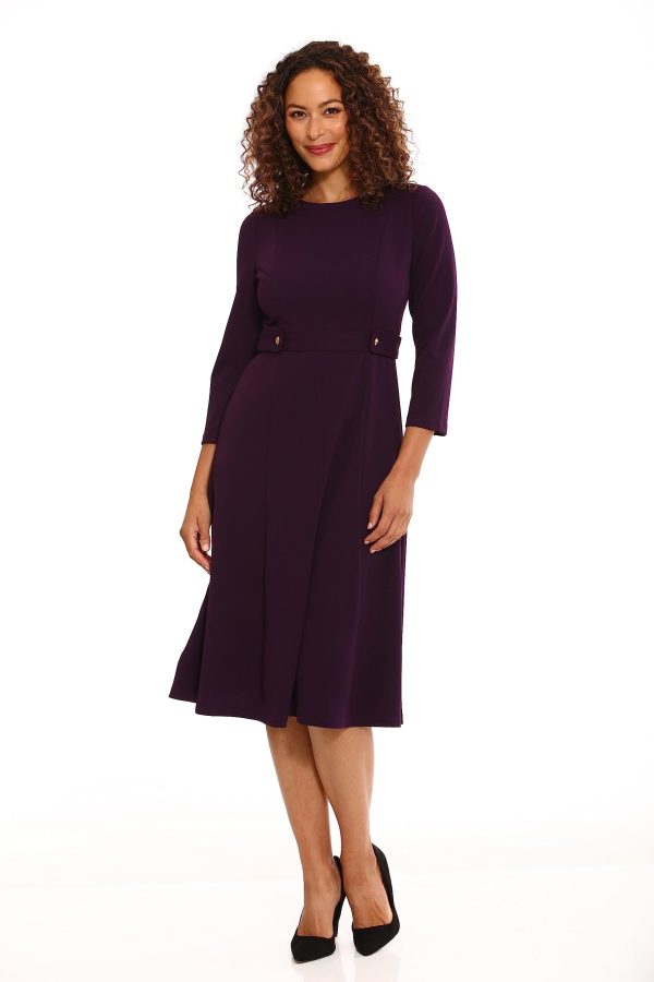 Women's Crepe Fit and Flare Midi with Waist Button Detail