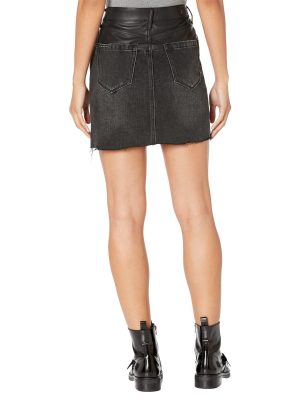 Womens Vegan Leather & Denim High Rise Mini Skirt with Raw Hem FinishSkirt