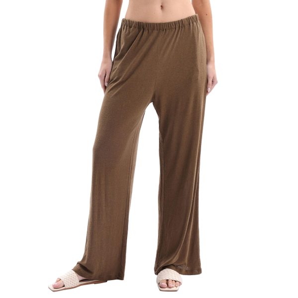 Womens Linen Knit High Waist Elastic Wide Leg Lounge Pants with Pockets