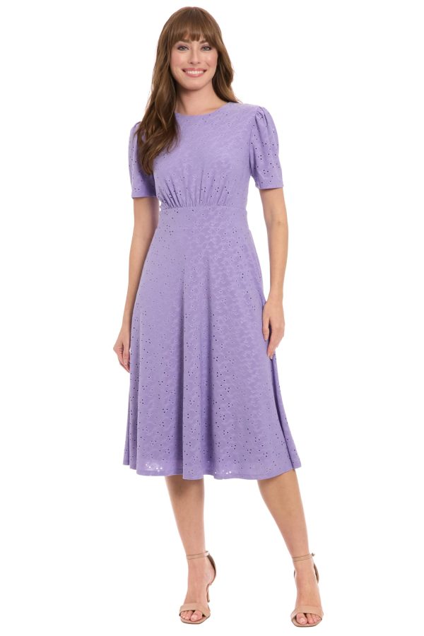Women's Eyelet Midi A-line Puff Sleeves-Gathered Waist Empire Cut-Wedding Guest Dress