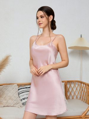 Women's Silk Nightgown, 100% Real 19 Momme Mulberry Silk Sleepwear Round Neck Spaghetti Strap Chemise Nightdress