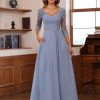 Women's Lace Appliqued Mother of The Bride Dresses 3/4 Sleeves Scoop Long Formal Evening Dress MDPM107