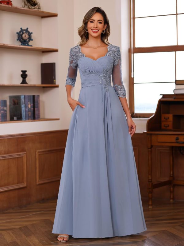 Women's Lace Appliqued Mother of The Bride Dresses 3/4 Sleeves Scoop Long Formal Evening Dress MDPM107