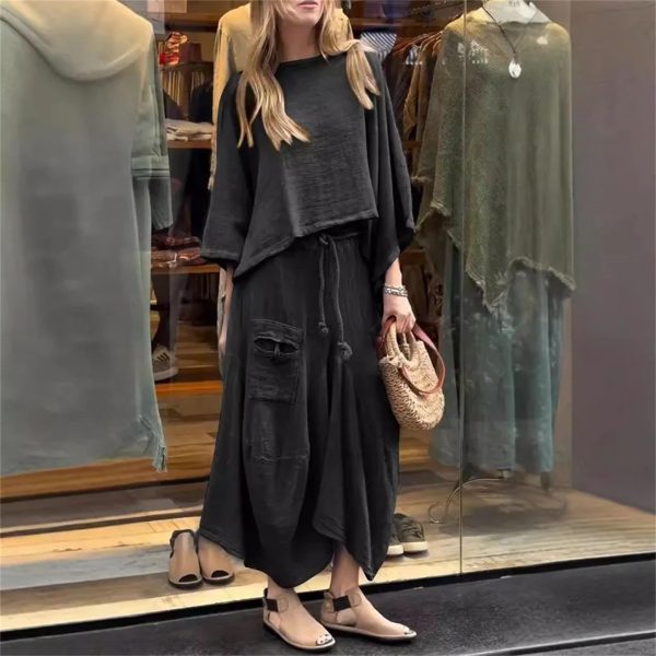 Women’S Cotton Linen Two-Piece Set O-Neck Pullover Belted Irregular Skirt Spring Outfit