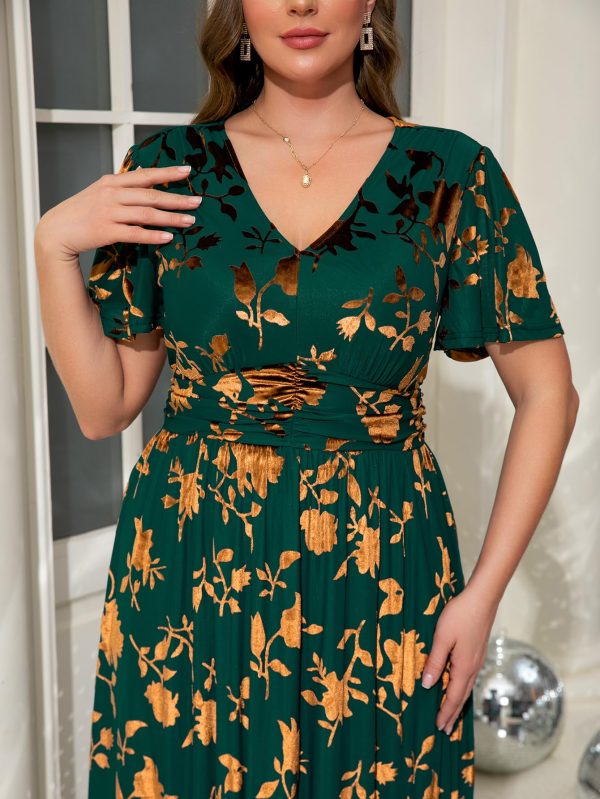 Simplee Women’s V Neck Velvet Maxi Dress Short Sleeve Empire Waist Long Formal Dress for Wedding Guest