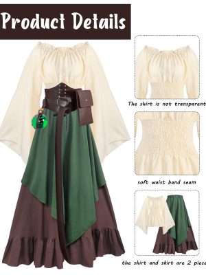 Women Medieval Renaissance Dress Costume Halloween Blouse Top Skirt Pouch Corset Belt Bottle