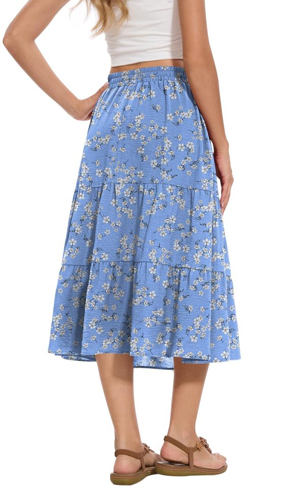 Women's Summer Midi Skirt Tiered Flowy High Waist A-Line Elastic Ruffle Casual Skirts with Pockets