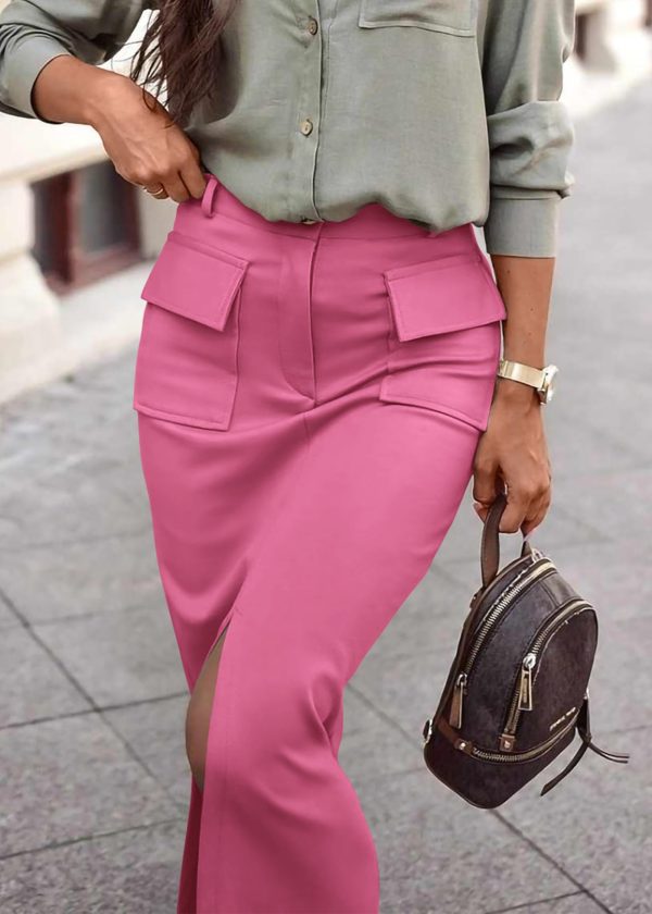 Women High Waisted Cargo Midi Skirt Trendy Spring Summer Pencil Slit Dressy Casual Business Work Long Skirts