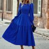 Women 2025 Spring Puff Long Sleeve Crewneck Smocked Maxi Dress Empire Waist Tiered A-line Swing Flowy Long Dress