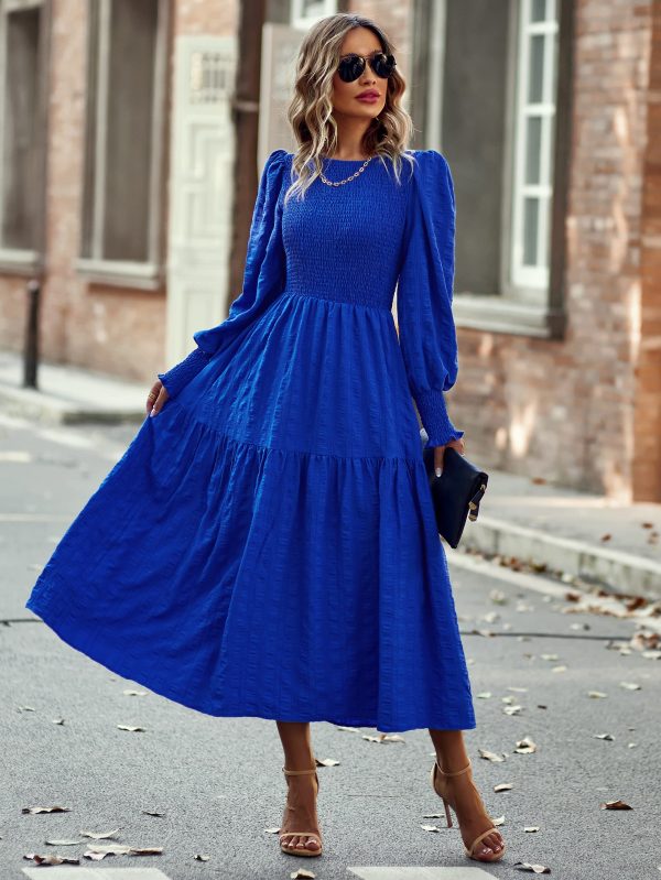 Women 2025 Spring Puff Long Sleeve Crewneck Smocked Maxi Dress Empire Waist Tiered A-line Swing Flowy Long Dress