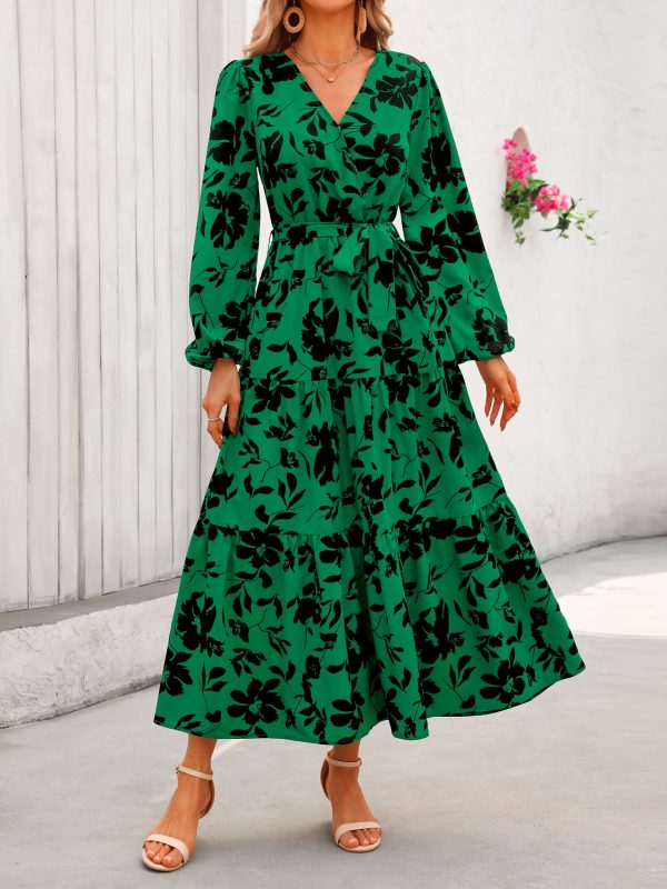 Womens Spring Long Sleeve Wrap V Neck Ruffle Floral Maxi Dress Casual Tie Waist Boho Chiffon Flowy Long Dresses