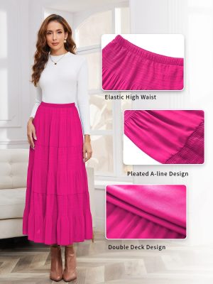 Women's Chiffon Elastic High Waist Pleated A-Line Flared Maxi Skirts