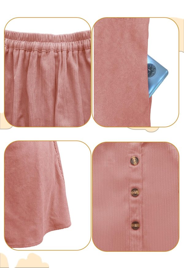 Women’s Button Front Mini Skirt A-line Pleated Corduroy Skater Skirts for Women with Pocket