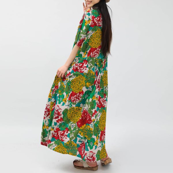 Women Boho Floral Print Cotton Long Maxi Skirt with Pockets and Adjustable Waistband Beach Casual Summer Dress