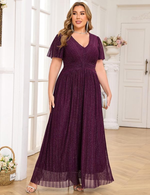 Plus Size Maxi Formal Dress Sparkly V-Neck A-line Ruffle Sleeves Evening Gown Cocktail Prom Glitter