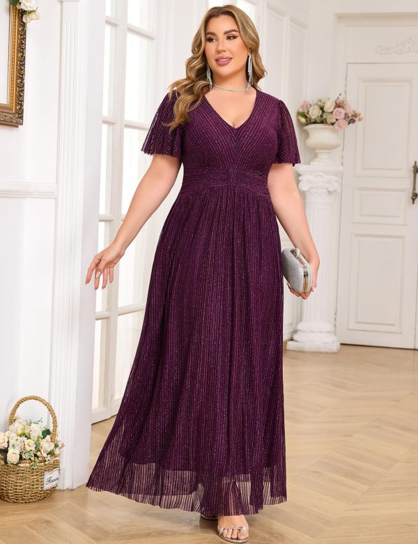 Plus Size Maxi Formal Dress Sparkly V-Neck A-line Ruffle Sleeves Evening Gown Cocktail Prom Glitter