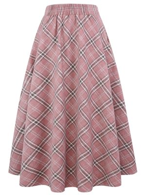 Long Plaid Wool Skirt for Womens Winter Fall Warm High Elastic Waist A line Flared Pleated Wool Tartan Skirts