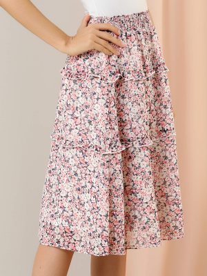 Women's Floral Skirts Summer Chiffon Smocked Elastic Waist A-Line Below Knee Length Ruffle Tiered Skirt
