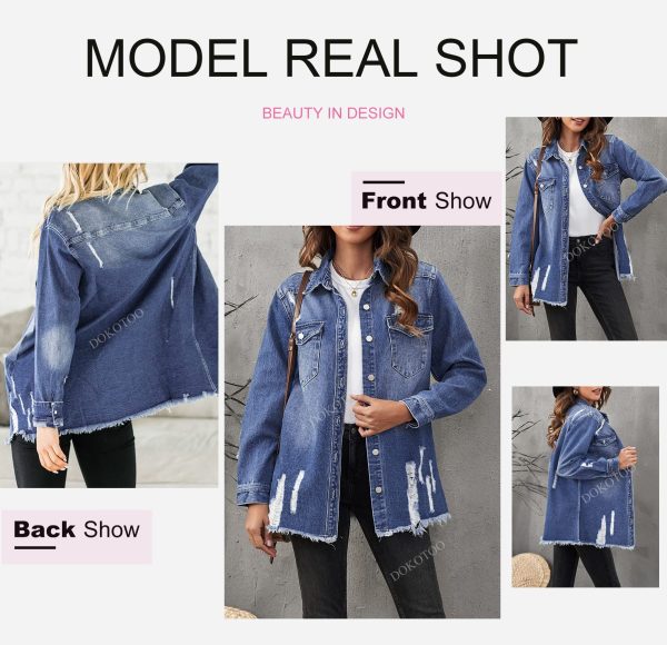 Women's Oversized Denim Jacket Casual Long Sleeve Denim Shirts Distresse Jean Jacket 2025 Spring Outfits