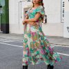Women Floral Maxi Dress Short Puff Sleeve V Neck Bohemian Flowy Dress Smocked Casual Spring Summer Dresses