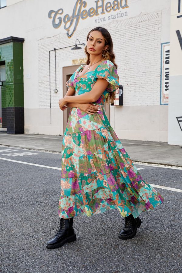 Women Floral Maxi Dress Short Puff Sleeve V Neck Bohemian Flowy Dress Smocked Casual Spring Summer Dresses