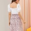 Women's Floral Skirts Summer Chiffon Smocked Elastic Waist A-Line Below Knee Length Ruffle Tiered Skirt