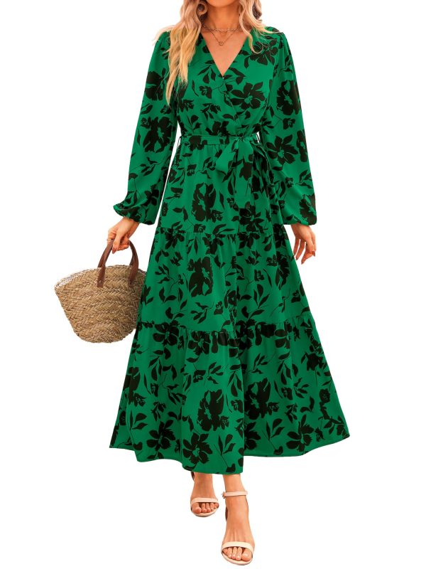 Womens Spring Long Sleeve Wrap V Neck Ruffle Floral Maxi Dress Casual Tie Waist Boho Chiffon Flowy Long Dresses
