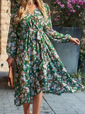 Women's Floral Print Boho Dress Long Sleeve Wrap V Neck Ruffle Belted A-Line Flowy Maxi Dresses