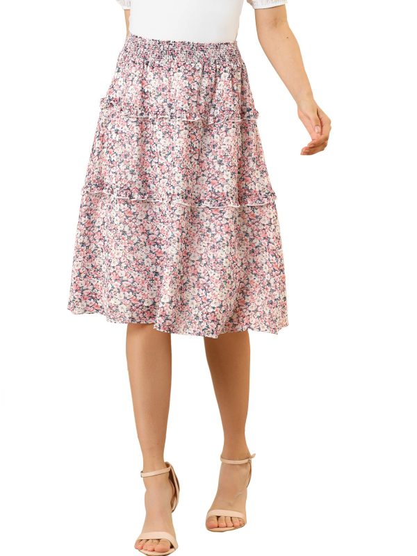 Women's Floral Skirts Summer Chiffon Smocked Elastic Waist A-Line Below Knee Length Ruffle Tiered Skirt