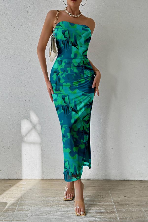 Women's Summer Maxi Bodycon Dresses Strapless Tube Top Slit Floral Printed Party Club Long Dress