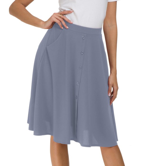 Womens Casual Pleated High Waisted A Line Midi Button Front Skirts with Pockets