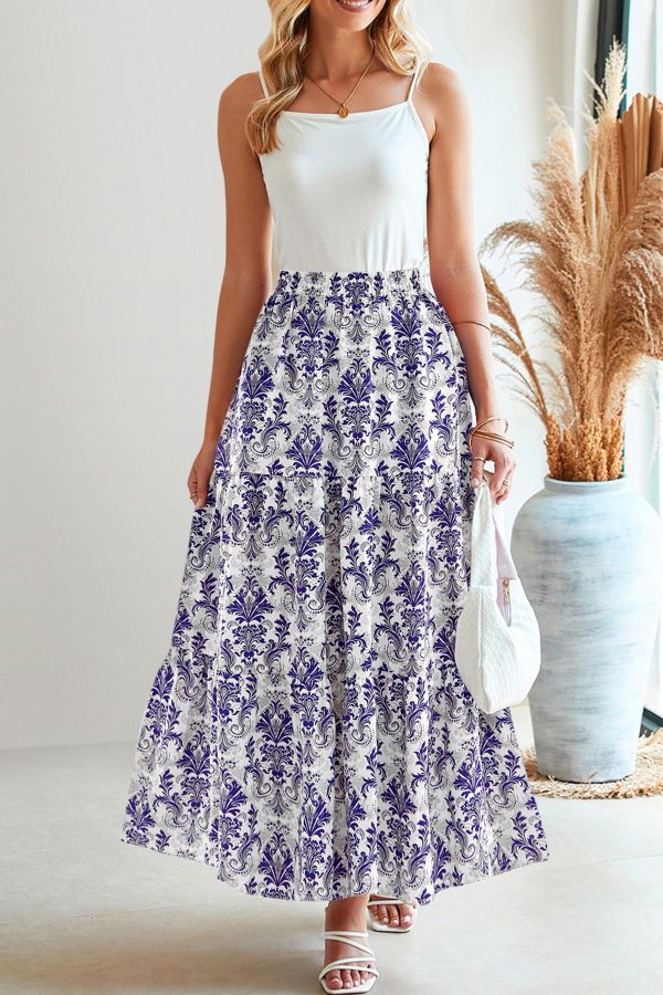 Floral Maxi Skirts for Women Summer Pleated High Waisted Casual Long Skirts with Pockets High Slit Boho Flowy Skirt