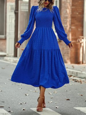 Women 2025 Spring Puff Long Sleeve Crewneck Smocked Maxi Dress Empire Waist Tiered A-line Swing Flowy Long Dress