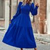 Women 2025 Spring Puff Long Sleeve Crewneck Smocked Maxi Dress Empire Waist Tiered A-line Swing Flowy Long Dress