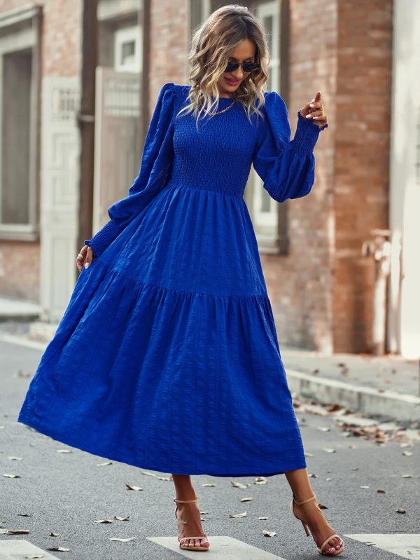 Women 2025 Spring Puff Long Sleeve Crewneck Smocked Maxi Dress Empire Waist Tiered A-line Swing Flowy Long Dress