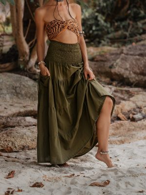 Maxi Boho Skirt Long Pockets Cotton Hippie Bohemian Elastic Waist Gypsy Skirt