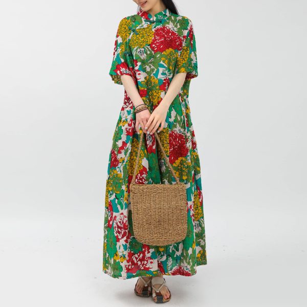 Women Boho Floral Print Cotton Long Maxi Skirt with Pockets and Adjustable Waistband Beach Casual Summer Dress