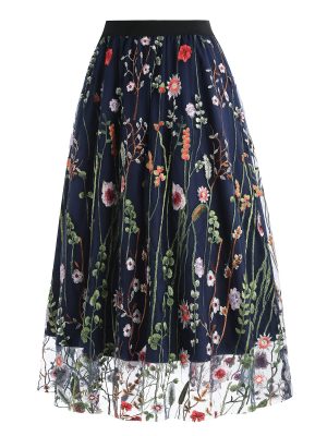 Women's Midi Length Skirt Layered Tulle A Line Skirts Embroidery/Floral Print Elastic Waist