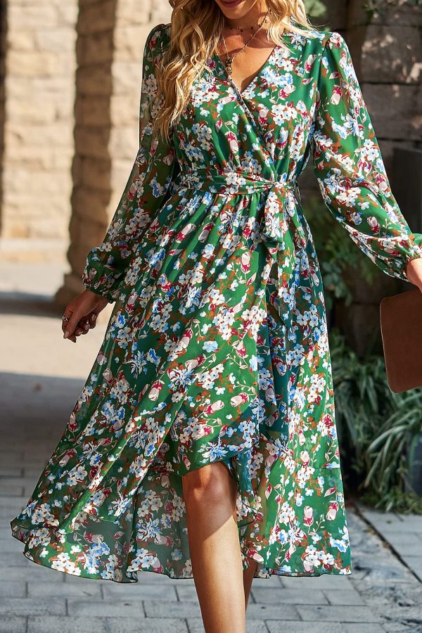 Women's Floral Print Boho Dress Long Sleeve Wrap V Neck Ruffle Belted A-Line Flowy Maxi Dresses