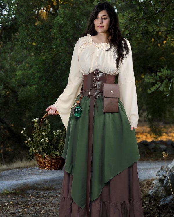 Women Medieval Renaissance Dress Costume Halloween Blouse Top Skirt Pouch Corset Belt Bottle