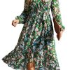 Women's Floral Print Boho Dress Long Sleeve Wrap V Neck Ruffle Belted A-Line Flowy Maxi Dresses