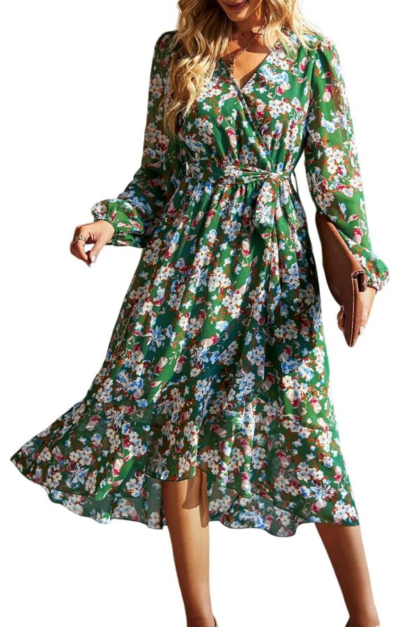Women's Floral Print Boho Dress Long Sleeve Wrap V Neck Ruffle Belted A-Line Flowy Maxi Dresses