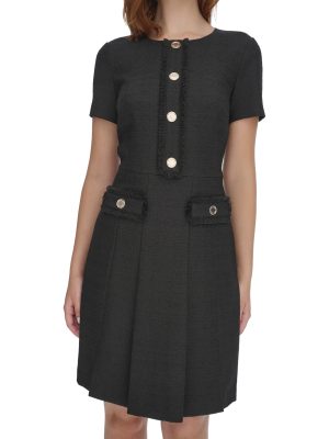 Women's Soft Hand Boucle Short Sleeve Button Front A-line Dress