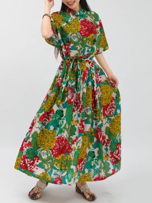 Women Boho Floral Print Cotton Long Maxi Skirt with Pockets and Adjustable Waistband Beach Casual Summer Dress